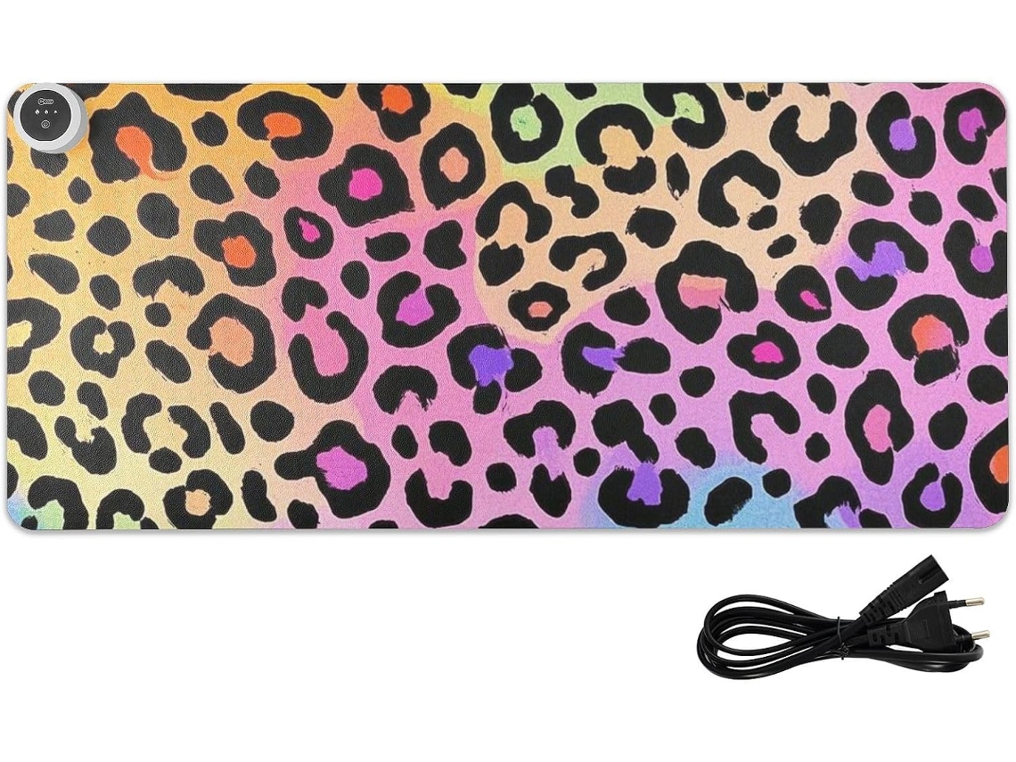 Mousepad Grande Aquecido em Poliuretano com Estampa de Leopardo Colorida, 80 X 33 Cm, Antiderrapante, Ideal Pa