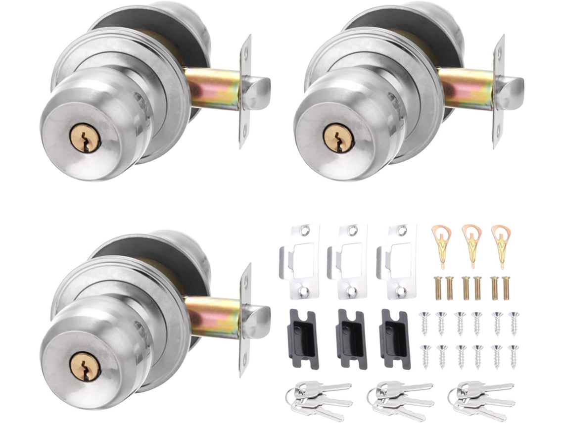 Patikil Maçanetas De Porta Com Chave Para Interior 60mm 2, 4 Polegadas, Pacote Com 3, Maçaneta Redonda Em Aço Inoxidável