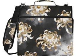 Pasta De 3 Argolas Com Estampa Crisântemo Em Aquarela Preta, Bolsos Extras, Alça E De Ombro Removível Diversos Bolsos