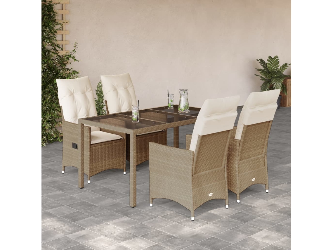 Vidaxl 5 Pcs Conjunto de Jantar P/ Jardim com Almofadões Vime Pe Bege