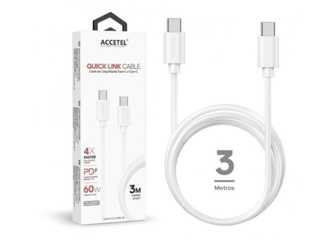 Cabo 3m Accetel Cu2307 Para Apple Iphone 16 Pro Max | 60w Pd - Type-c Branco