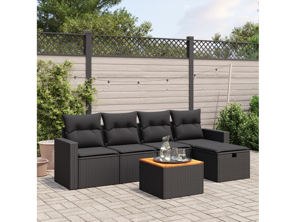 Vidaxl 6 Pcs Conjunto Sofás De Jardim C/ Almofadões Vime Pe Preto