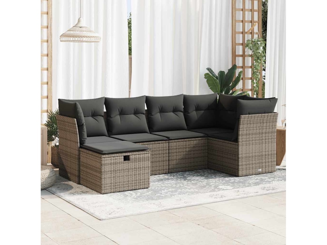 Vidaxl 6 Pcs Conjunto Sofás De Jardim Com Almofadões Vime Cinzento