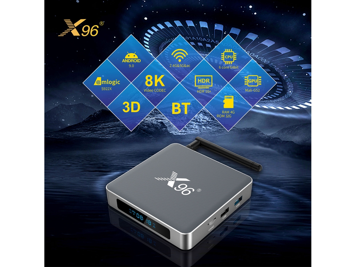 Smart Player X96 X9 Android 9.0, Wifi 2.4g/5g, Decodificação H.265, Vp9, Controle por Voz