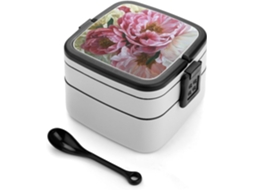 Lancheira Bento Dupla Camada Com Estampa De Flor Peônia, Empilhável, À Prova De Vazamentos, 1000ml, Com Colher, Portátil