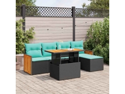 Vidaxl 6 Pcs Conjunto Sofás Jardim C/ Almofadões Vime Pe/acácia Preto
