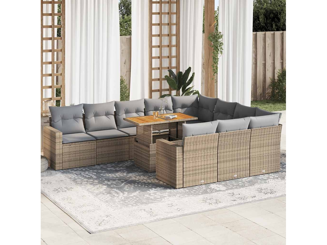 Vidaxl 11 Pcs Conjunto Sofás De Jardim C/ Almofadões Vime Pe Bege
