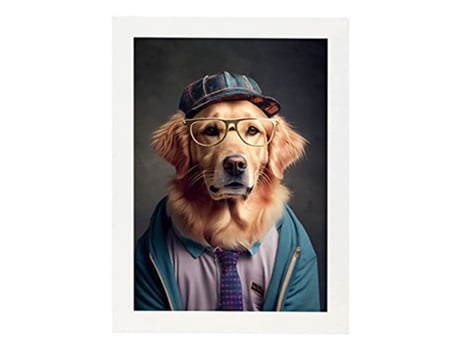 NACNIC Golden Retriever Plate Curioso Em Estilo Fotográfico De Cores Ilustrações Engraçadas Realistas De Animais Com Roupas Humanas A3 Marco Blanco