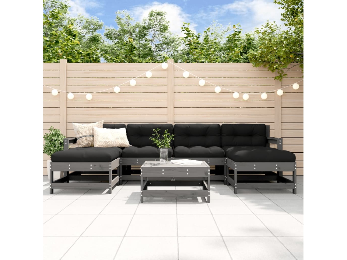 Conjunto 7 Peças Lounge Jardim C/ Almofadões Madeira Maciça Cinza Dkd Home Decor