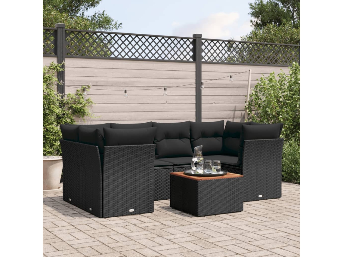 Vidaxl 7 Pcs Conjunto De Sofás P/ Jardim C/ Almofadões Vime Pe Preto
