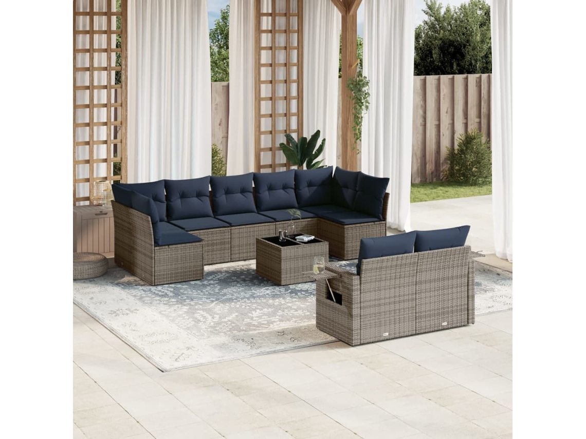 Conjunto de Sofá de Jardim com 9 Peças e Almofadas em Rattan Sintético Cinza VIDAXL