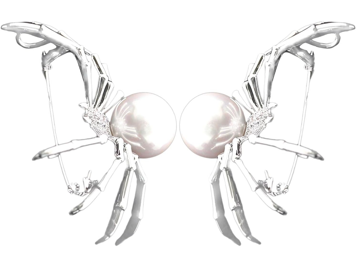 De 2 Broches De Aranha Para O Halloween Em Metal Prateado Com Pérolas Artificiais Brancas.