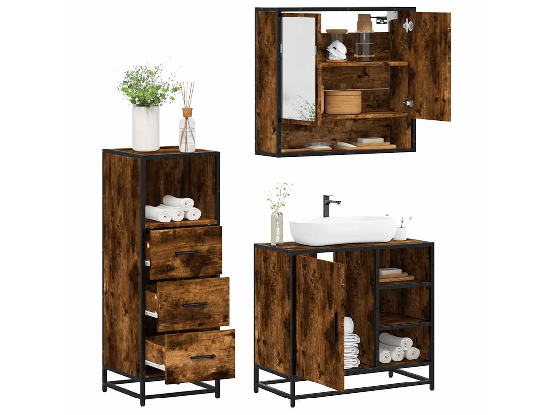 Vidaxl 3 Pcs Conjunto De Móveis Wc Madeira Processada Carvalho Fumado