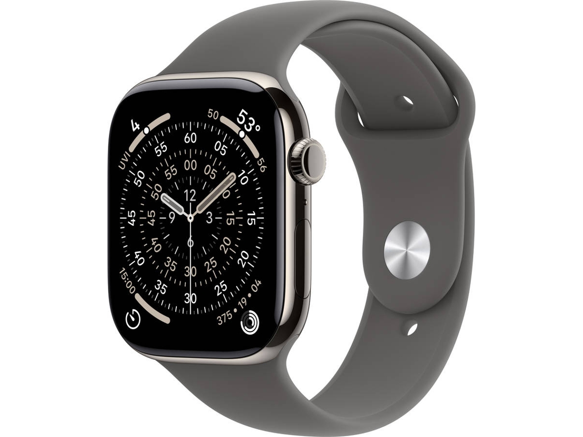 APPLE Watch Series 11 GPS + Cellular 42 mm Titânio Natural com Bracelete Desportiva Cinzento Rocha (Tamanho S/M)