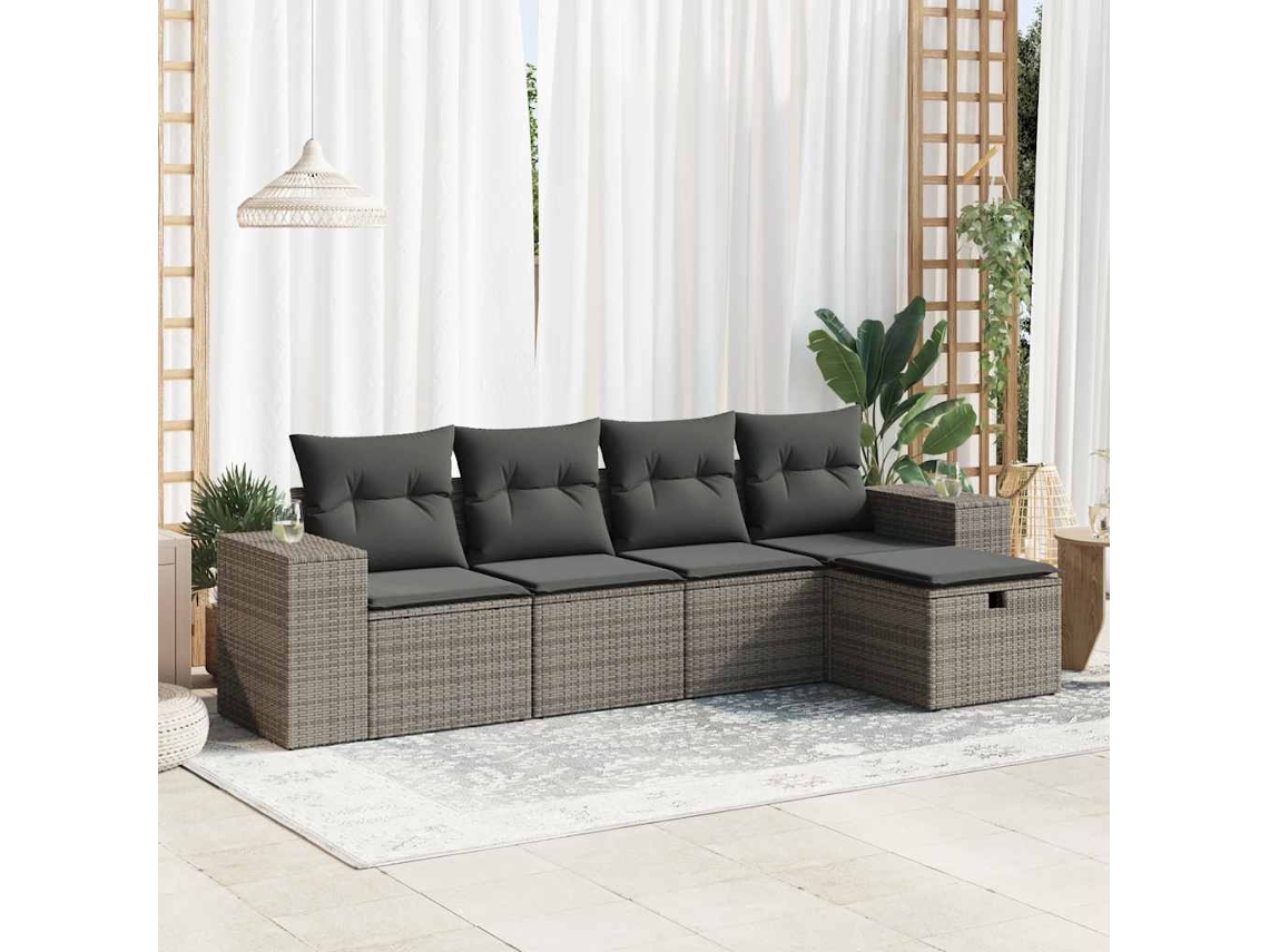 5 Pcs Conjunto Sofás De Jardimconjuntos Relax Jardimconjunto De Jantar C/ Almofadões Vime Pe Cinzento Cfw264891 Lovely Home