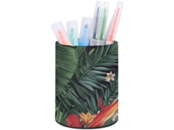 Porta-canetas com estampa de plantas tropicais, design floral, couro sintético, organizador de mesa, decoração.
