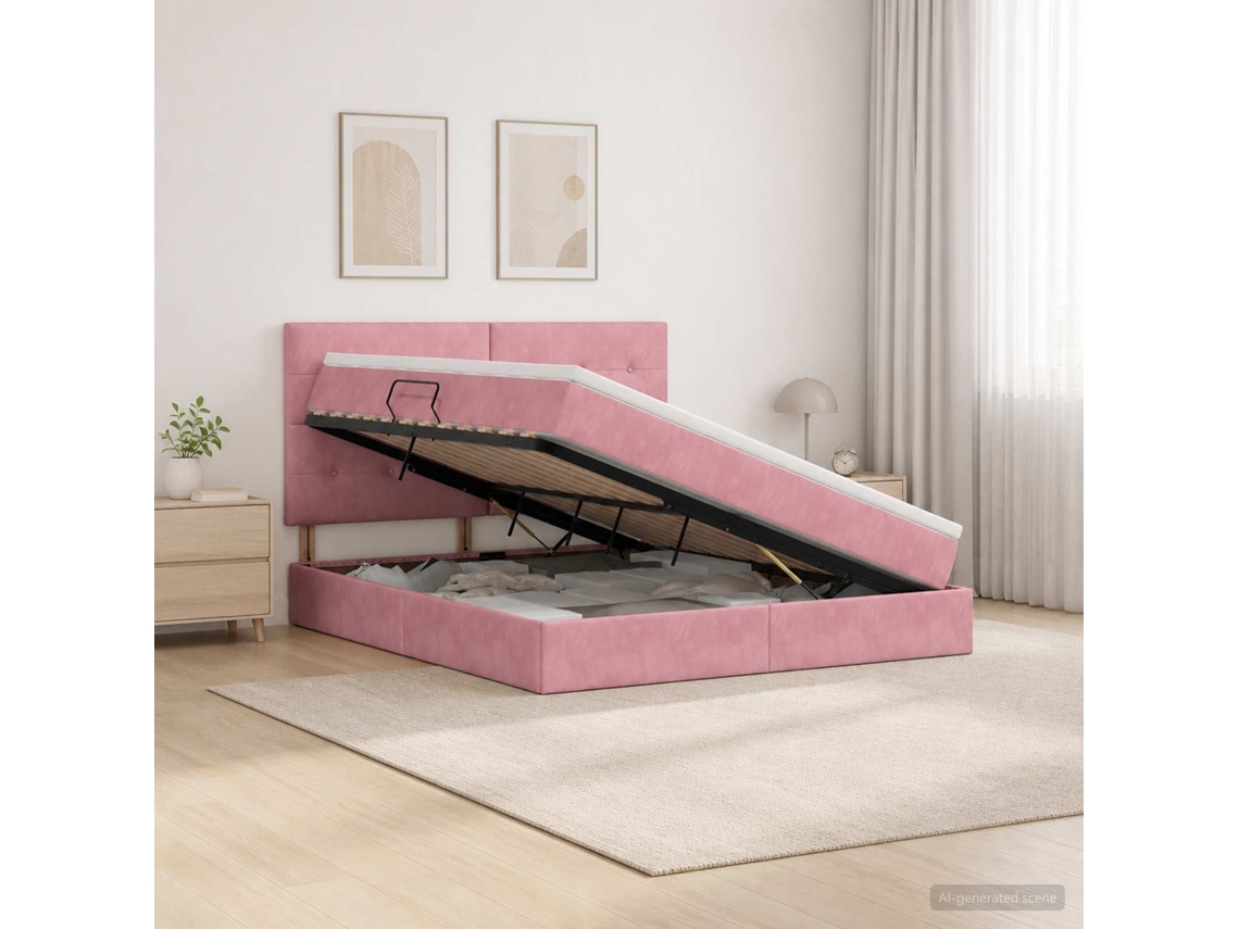 Vidaxl Cama De Armazenamento Led Com Colchão Rosa 140 X 200 Cm Veludo
