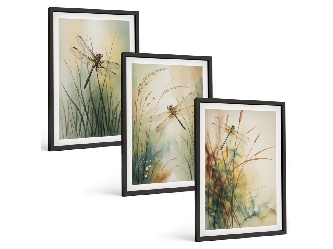 Galeria De Pinturas Murais Grama, Libélulas À Beira-mar Moldura Preta Quadros Para O Escritório Espelharte (3 Piezas De 40x60 Cm)