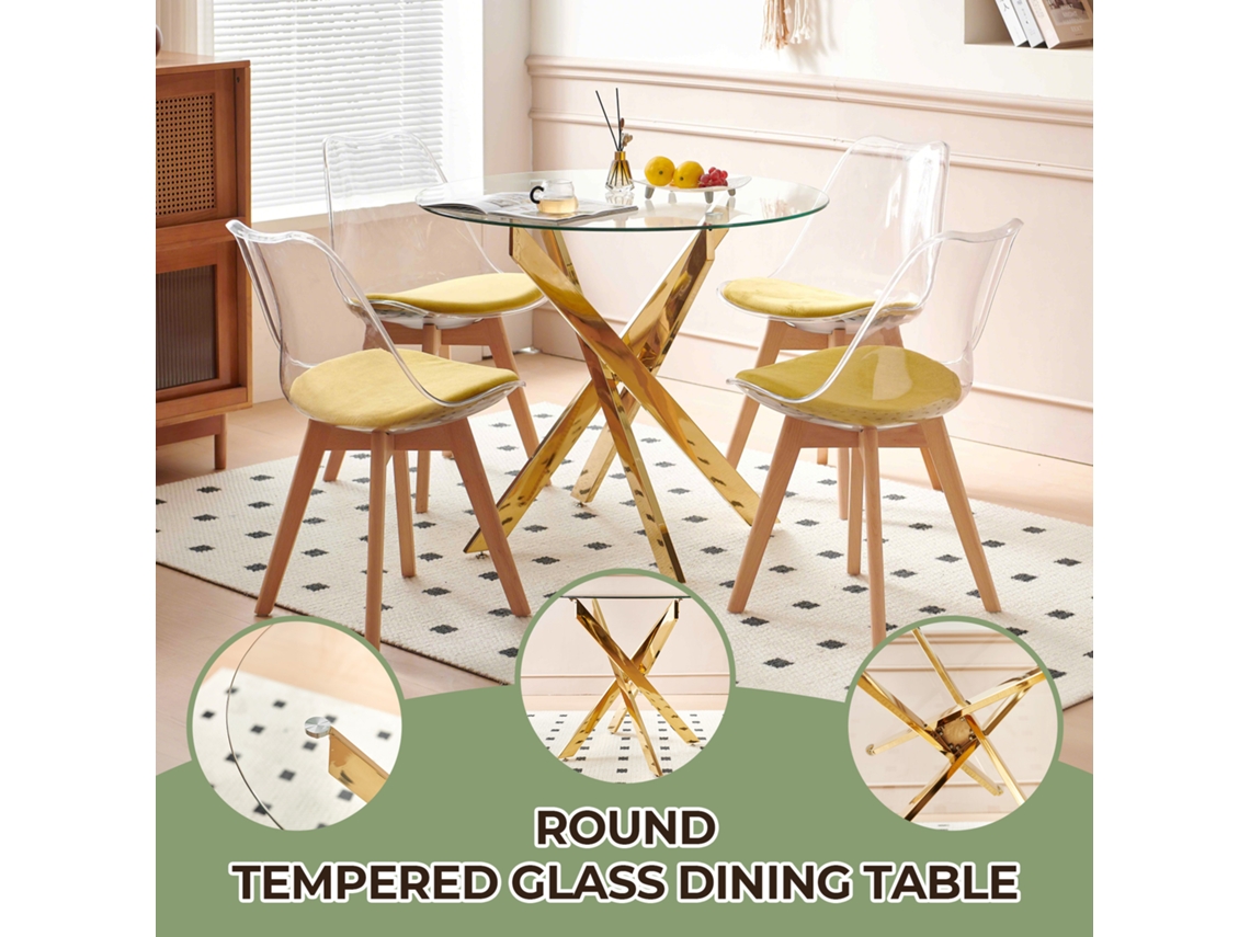 Mesa Redonda Vidro Temperado Pés Cruzados Cromados Dourados 80x80x75cm Design Economiza Espaço Interior