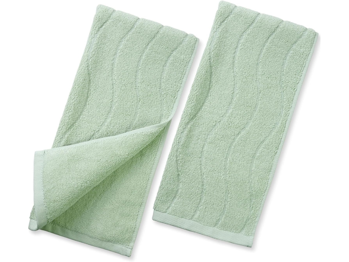 Conjunto de 2 Toalhas, de Banho Listradas Onduladas Verde claro, em Algodão Natural Macio, Absorvente e Decorativo, 33x74 Cm AQUAFORGE