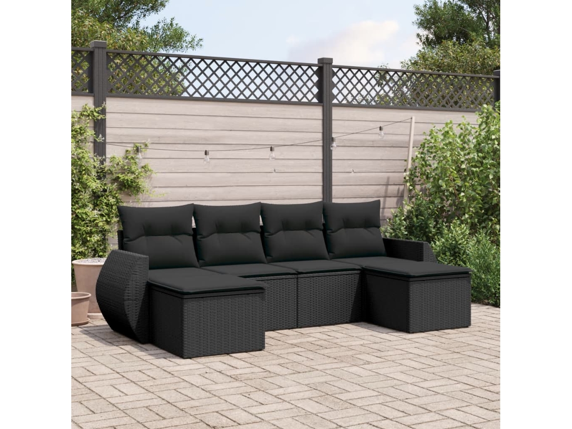 Vidaxl 6 Pcs Conjunto Sofás De Jardim C/ Almofadões Vime Pe Preto