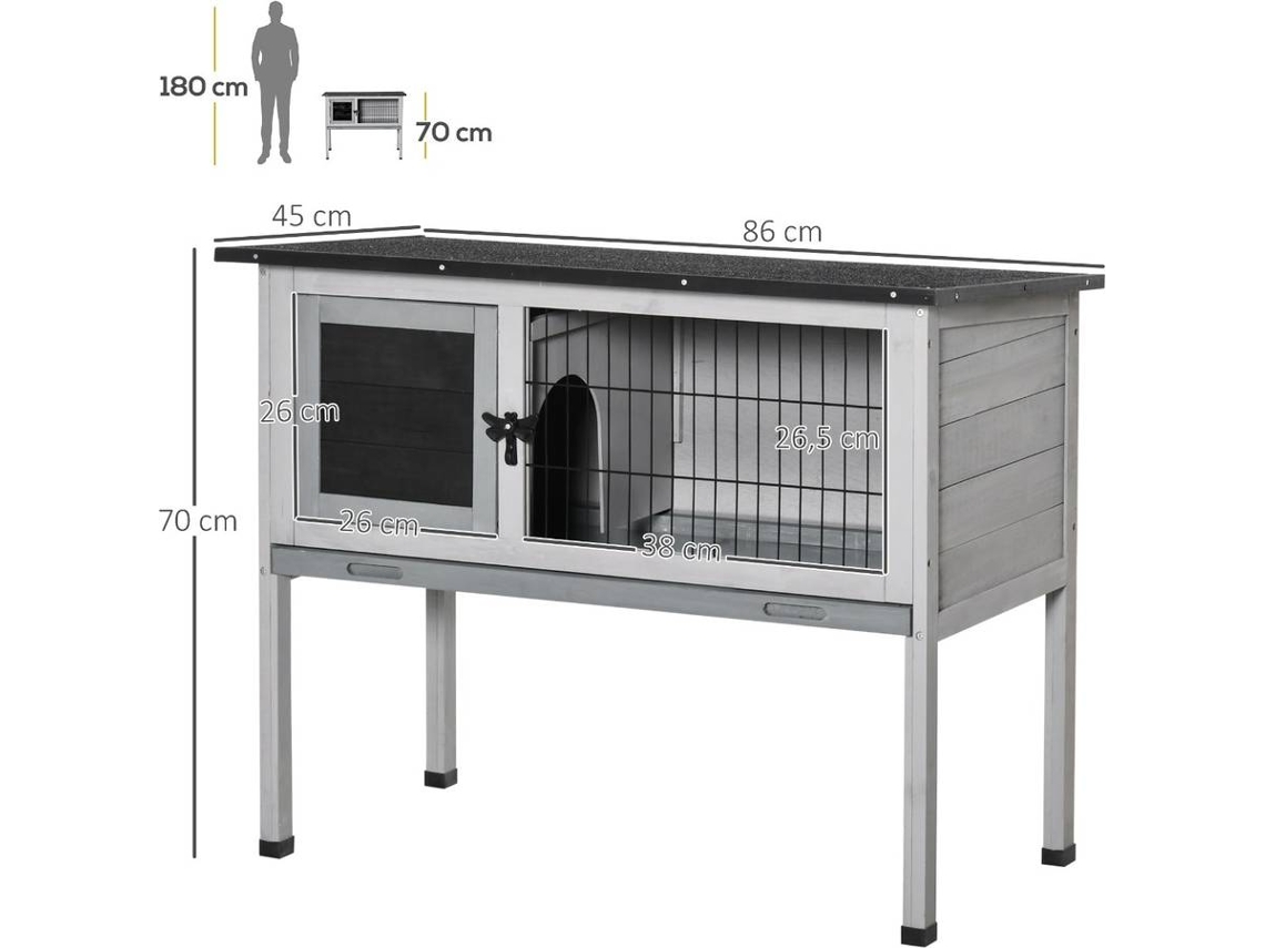 Gaiola para coelhos PAWHUT D51-119GY (Cinzento - 86 x 45 x 70 cm - Madeira de Abeto)