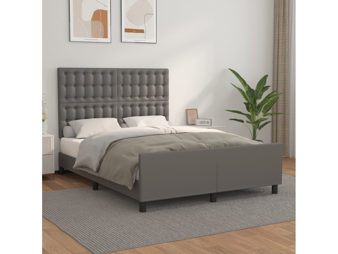 Vidaxl Estrutura Cama C/ Cabeceira 140x200cm Couro Artificial Cinzento