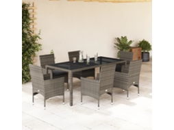 Vidaxl 7 Pcs Conjunto Jantar Jardim C/ Almofadões Vime Pe/vidro Cinza