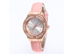Relógio feminino de quartzo com pulseira de couro sintético e strass rosa.