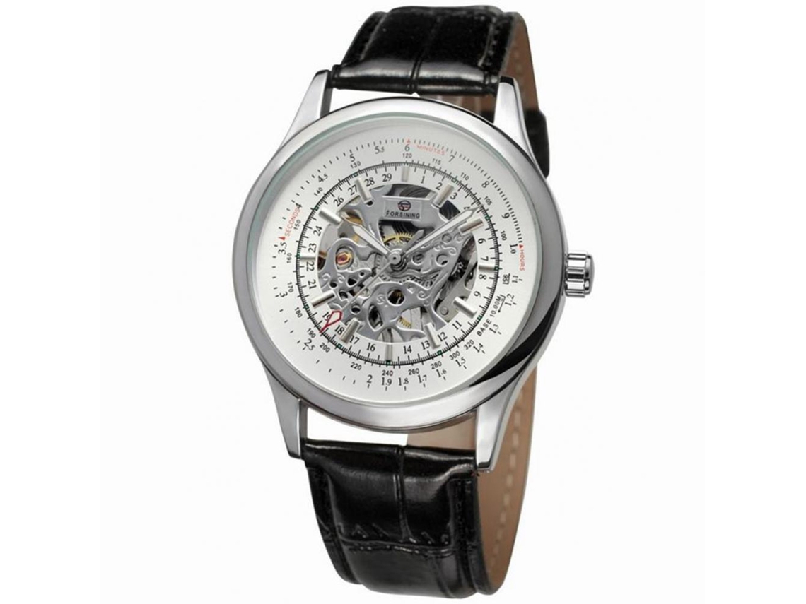 Reloj Mecánico Automático Hollow De Cuero Pu Impermeable Para Hombre (dial Blanco Caja Plata)