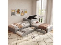 Cama De Canto 2 Em 1 Com Cama Auxiliar, Estofada, 90x200 Cm, Cinza, Com Gavetas E Armário De Armazenamento