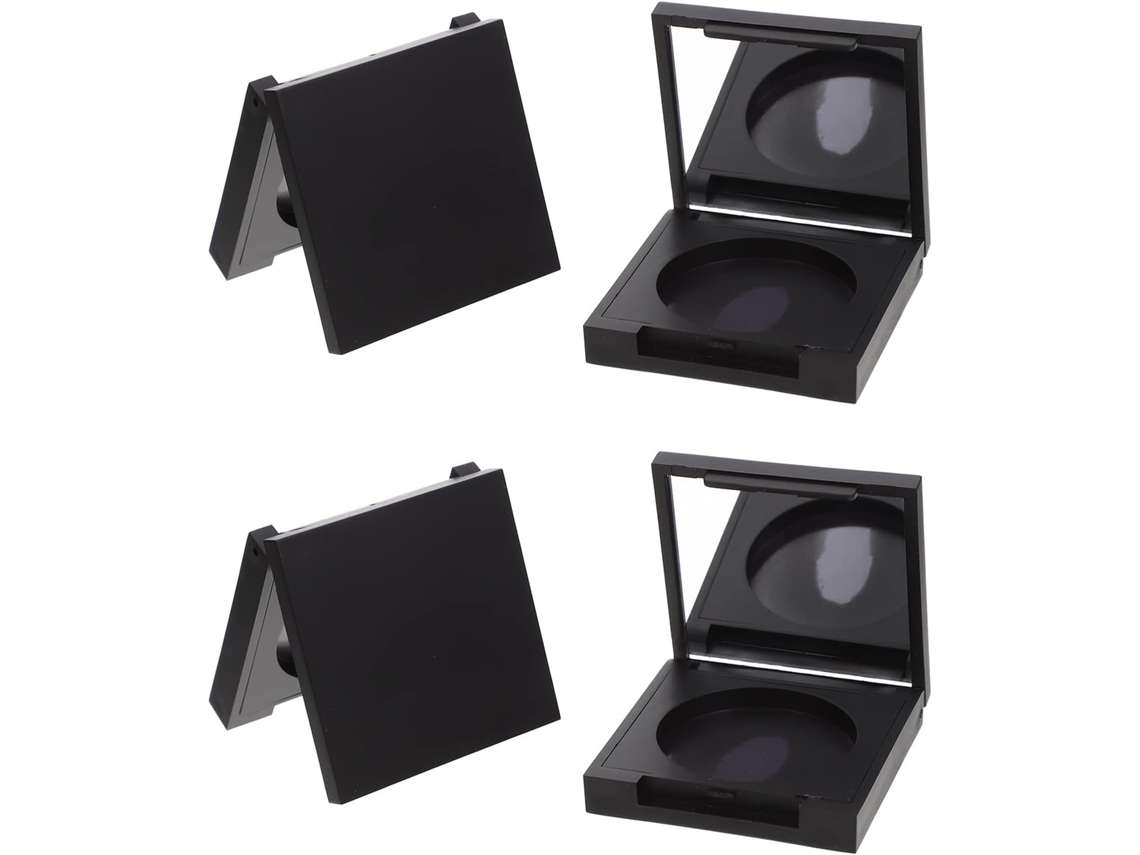 Conjunto de maquiagem em plástico preto com 4 peças para sombras e luz.