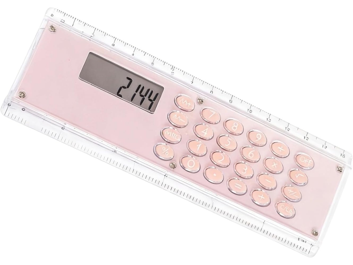 Régua fina de 15 cm com escala dupla e calculadora digital integrada de 8 dígitos, ideal para a escola e atividades criativas.