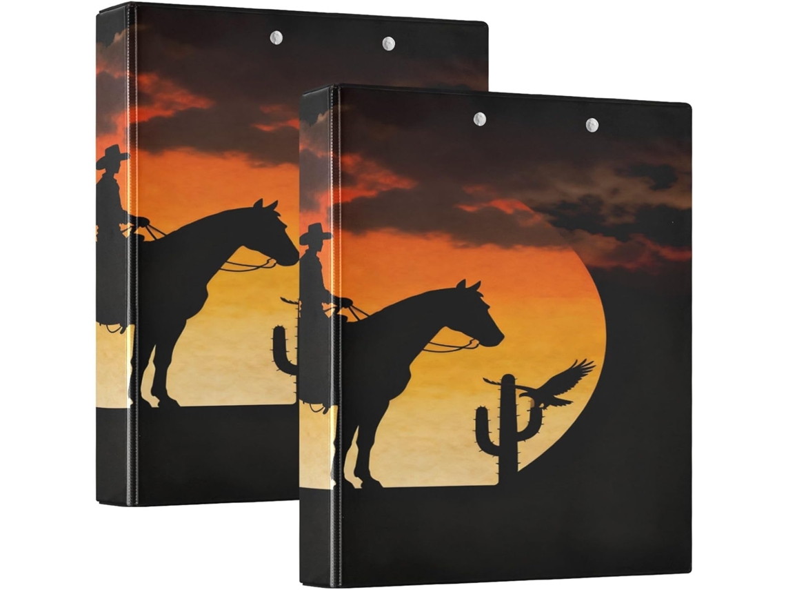 Pasta Sunset Cowboy Cacto Preto De 3, 8cm 1, 5 Polegadas, 3 Argolas Com Bolsos Internos, Pacote Com 1 2 Unidades, Capa