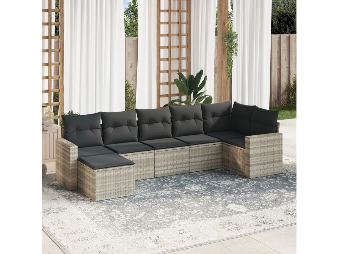 Vidaxl 7 Pcs Conj. Sofás Jardim Com Almofadões Vime Pe Cinzento-claro