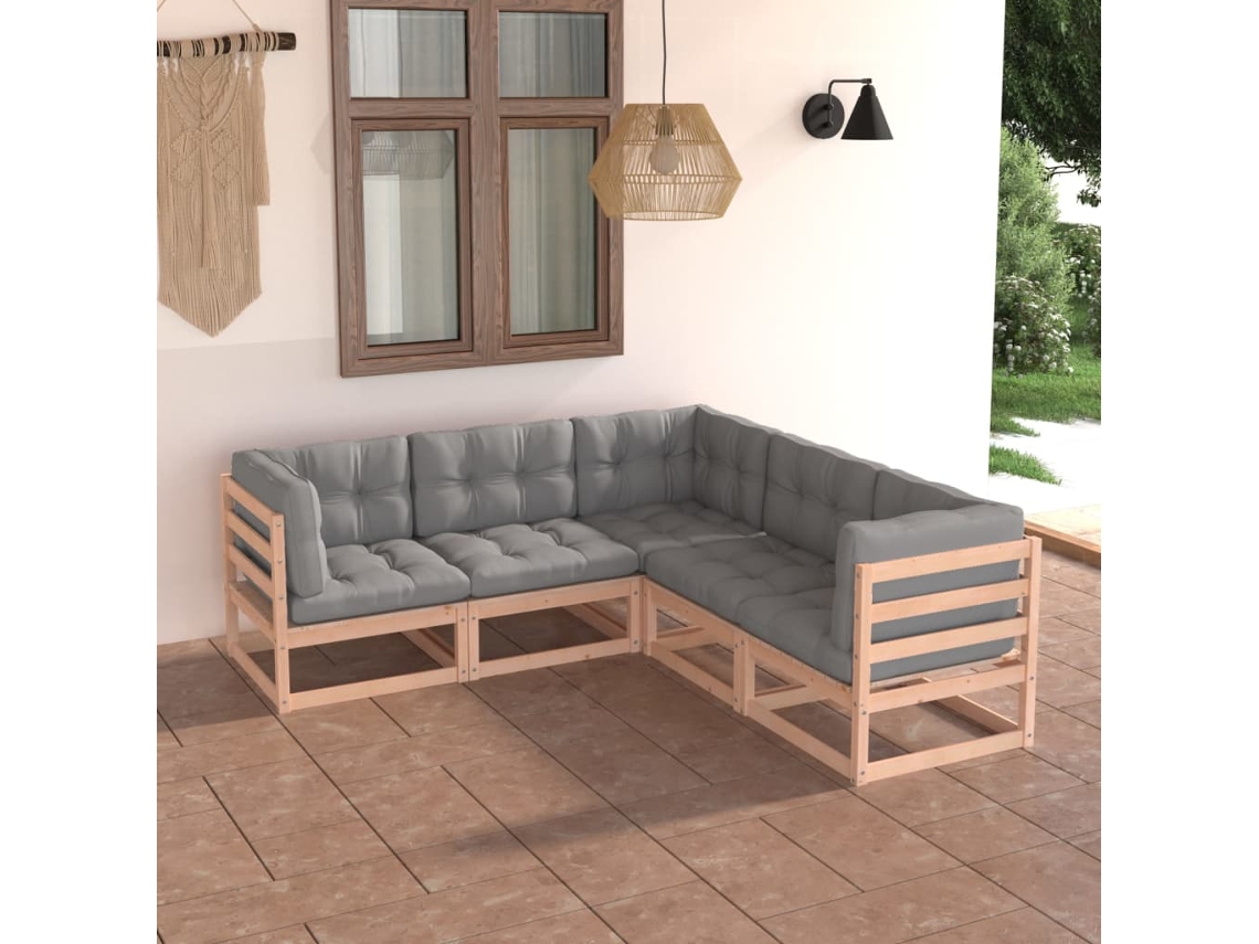 Conjunto Lounge Jardim 5 Peças C/ Almofadões Pinho Maciço Dkd Home Decor