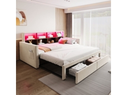 Sofá-cama Extensível 90/180x190 Cm - Cabeceira Com Arrumação, Led, 2 Gavetas, Ripas, Bege