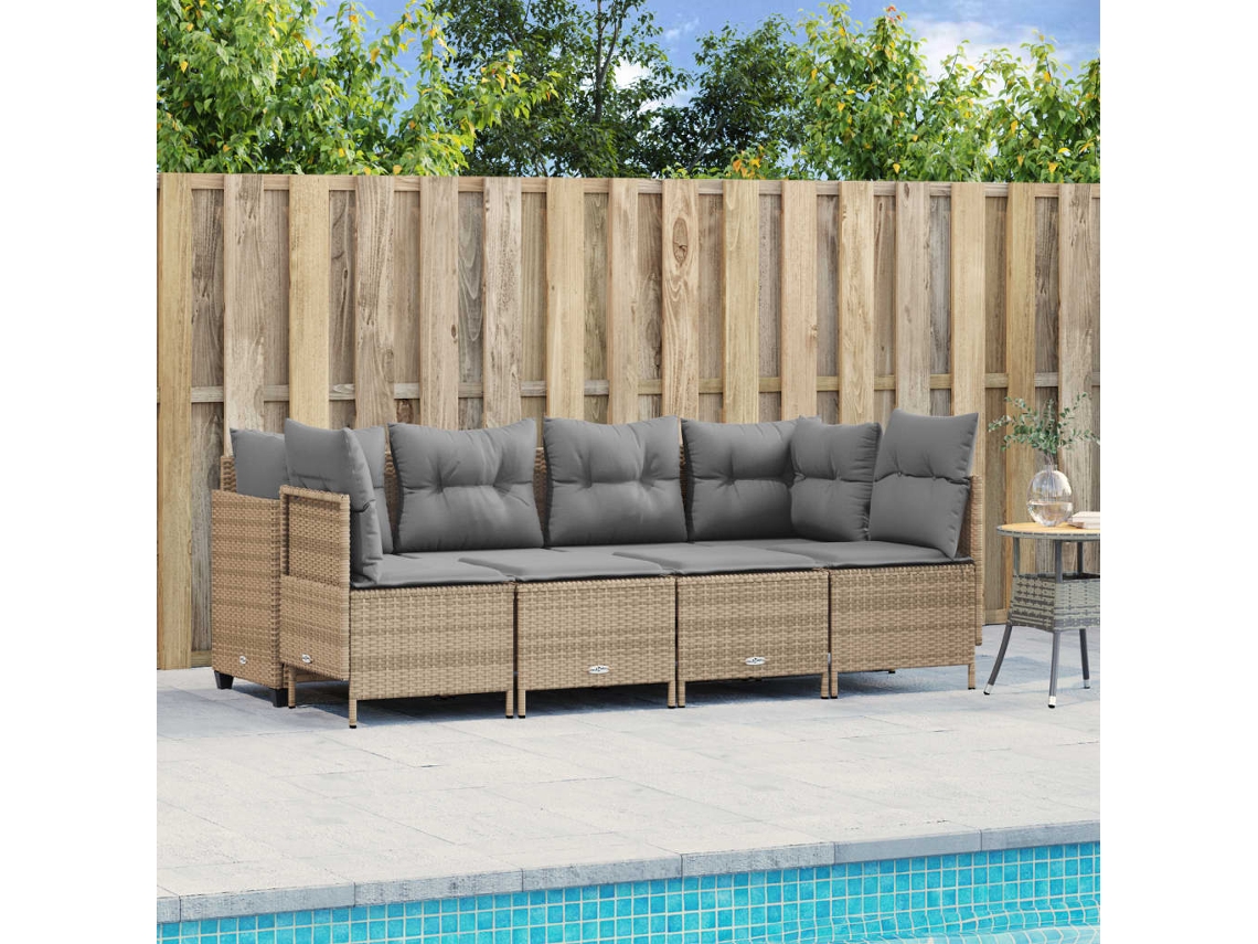 Vidaxl 5 Pcs Conjunto De Sofás P/ Jardim Com Almofadões Vime Pe Bege