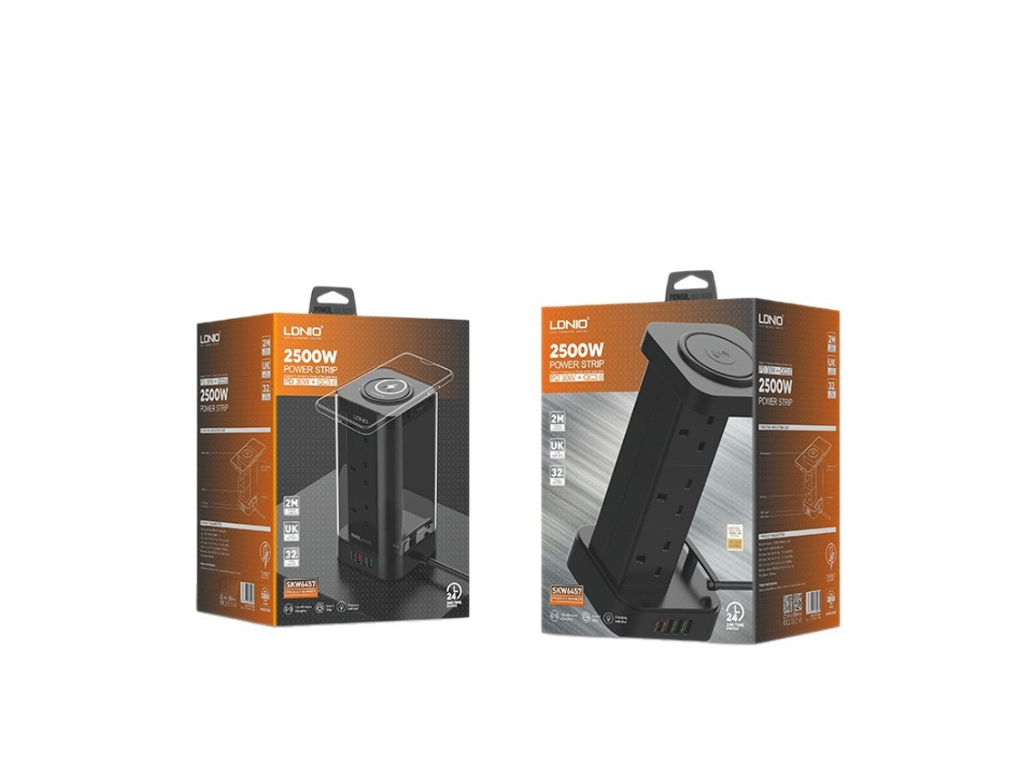 Tomada com Fio Padrão Britânico CHABERLU com régua de tomadas vertical e carregador sem fio 15w e Usb rápido