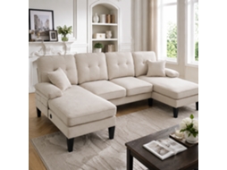 Sofá U 4 Lugares Em Linho Com 2 Chaises E Almofadas Decorativas, Bege