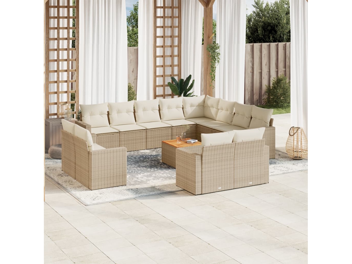 Vidaxl 13 Pcs Conjunto De Sofás P/ Jardim Com Almofadões Vime Pe Bege