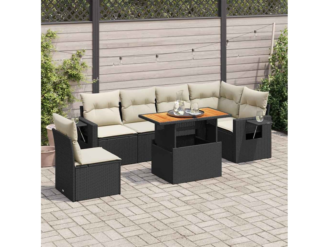 Vidaxl 7 Pcs Conjunto De Sofás P/ Jardim C/ Almofadões Vime Pe Preto
