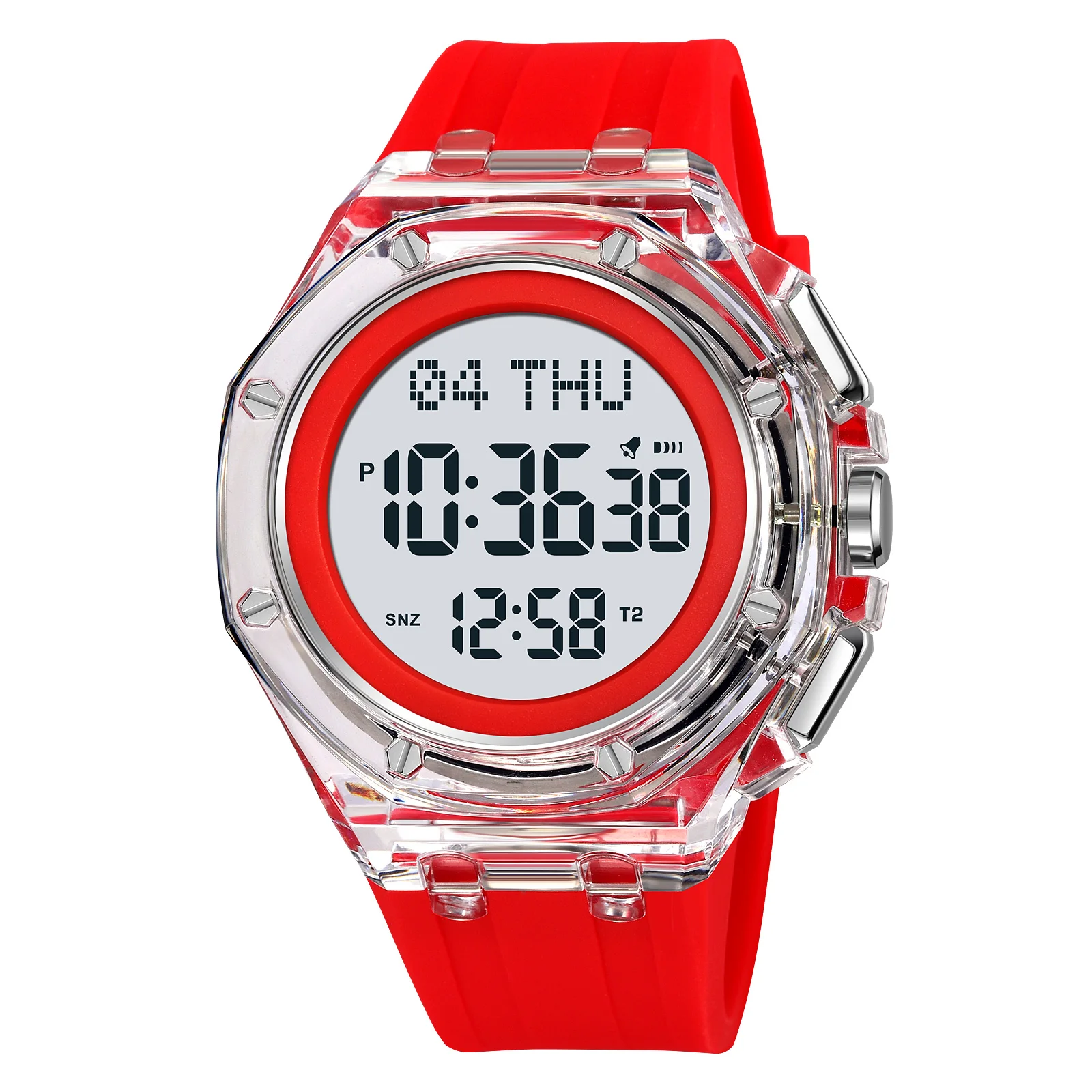 Relógio Digital Transparente (branco E Vermelho) Com Visor Retroiluminado Por Led, À Prova D'água, Com Alarme E Data