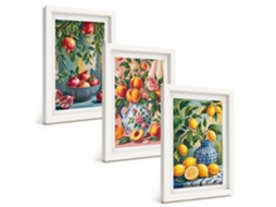 Conjunto De Pinturas Composições De Frutas, Romãs Moldura Branca Quadros Para A Sala De Estar Espelharte (3 Peças 20x30 Cm)