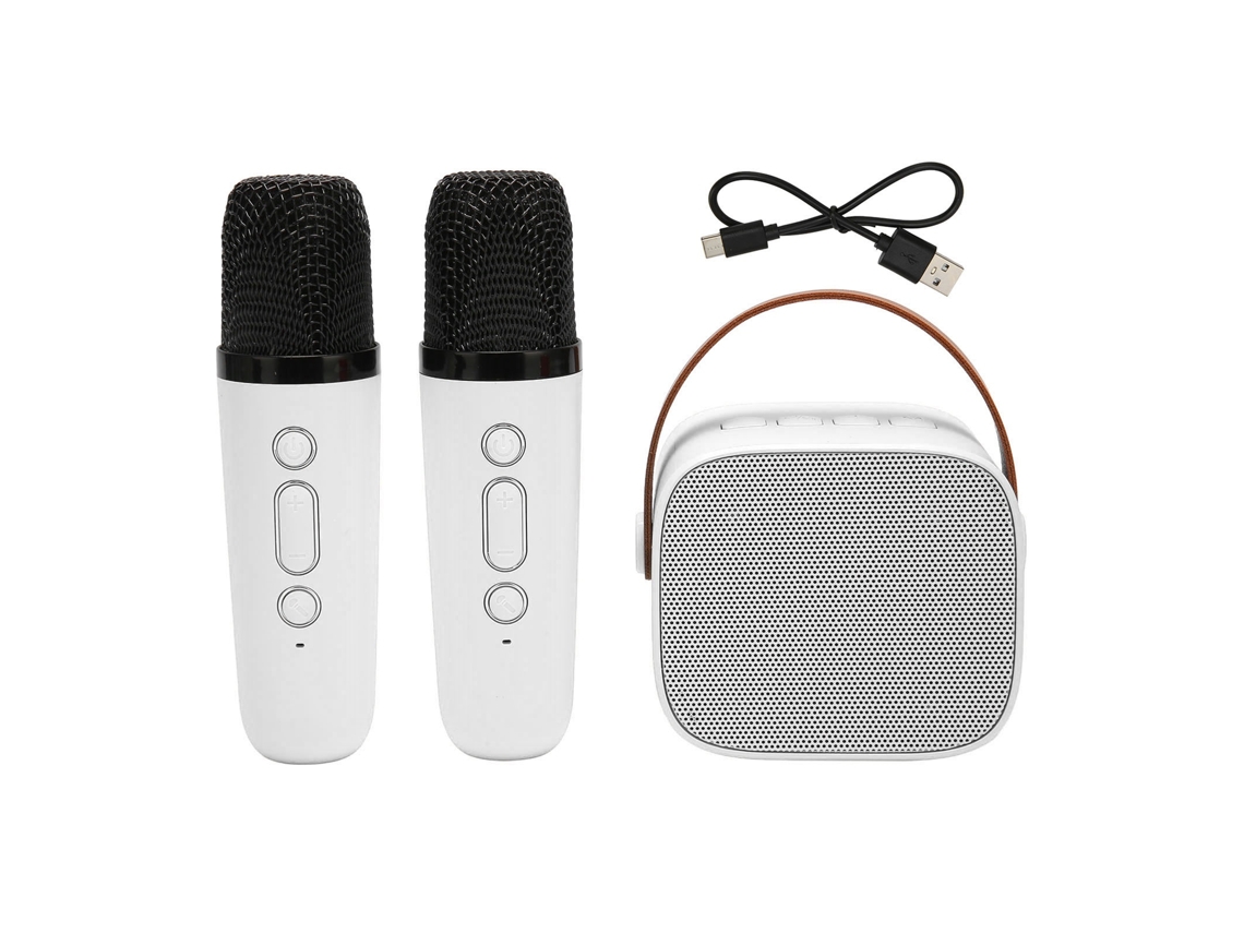 Máquina de karaoke portátil Bluetooth con 2 micrófonos altavoz estéreo para fiestas en casa blanco