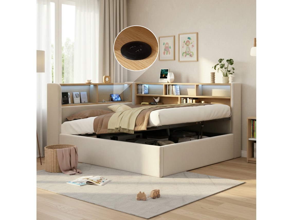 Sofá de Dia 140x190cm Armazenamento Hidráulico Cama Estofada Led Usb Encosto Veludo Bege GE | S/MARCA