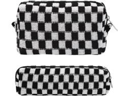 Conjunto De 2 Estojos Cosméticos Xadrez, Estojo Portátil Para Lápis, Bolsa De Viagem Para Artigos Higiene Pessoal, Estojos Xadrez Para Lápis