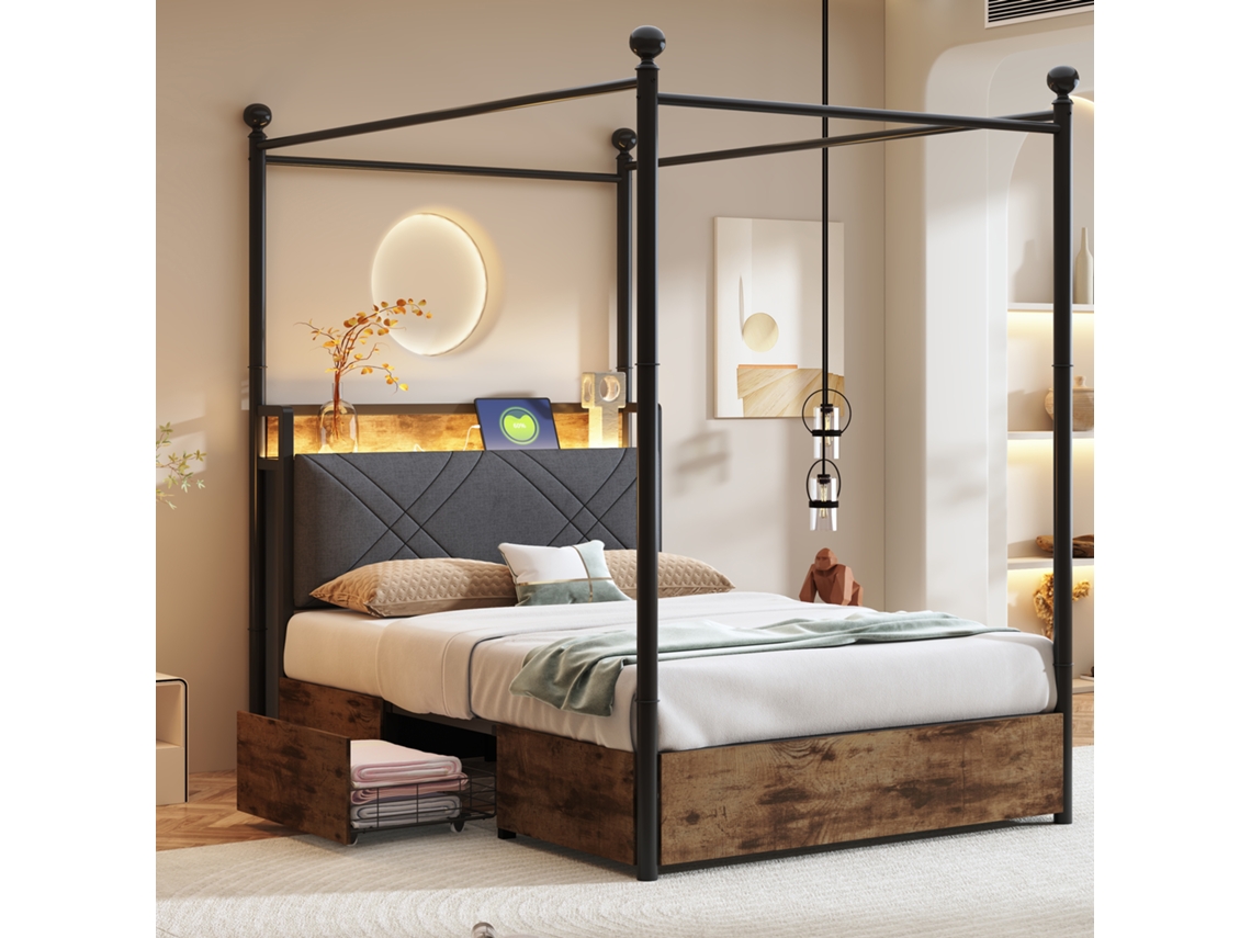 Cama Dossel Metal 90x190 Cm, Led, Usb/type-c, 2 Gavetas, Juvenil