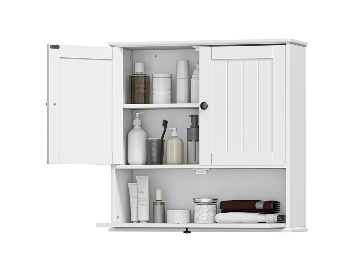 Armário Casa De Banho De Parede Rústico Com Prateleira Ajustável Dupla Porta Basculante E Fecho Magnético 60x19,5x60 Cm Branco
