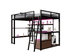 Cama Alta Para Jogos Em Metal (140 X 200 Cm) Com Espaço De Trabalho Integrado, Iluminação Led E Amplo Espaço De Armazenamento, Preta.